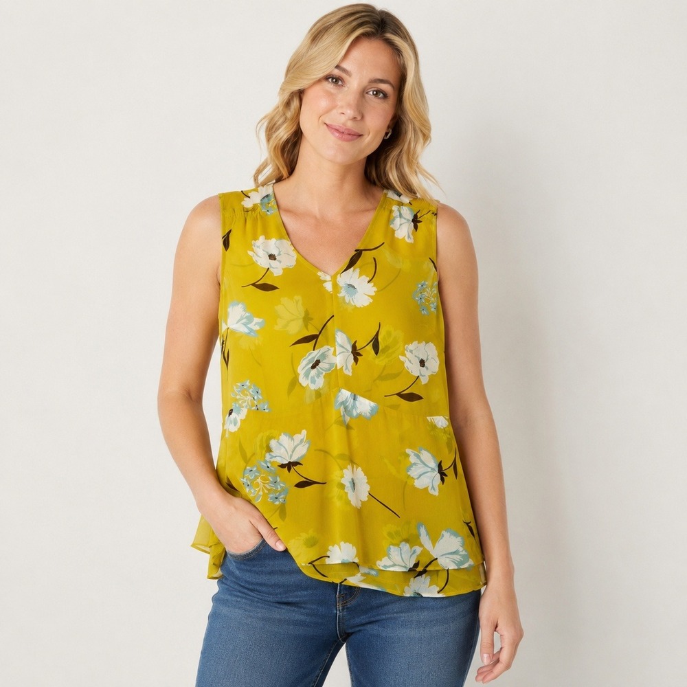 CAbi Yellow Floral Sheer Blouse Sleeveless‎ Chiffon Peplum Top S